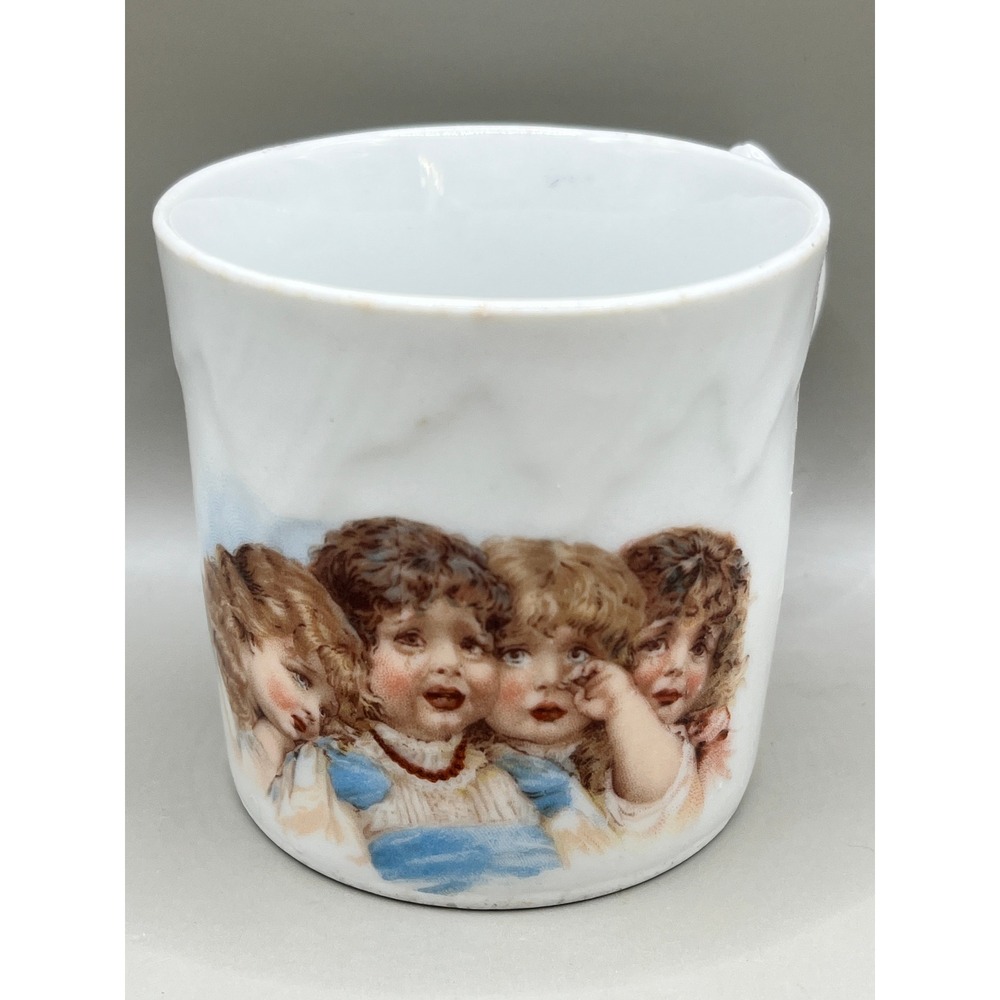 Vtg Child's Victorian Porcelain Mug Children Lithograph White Molded Relief 6 oz